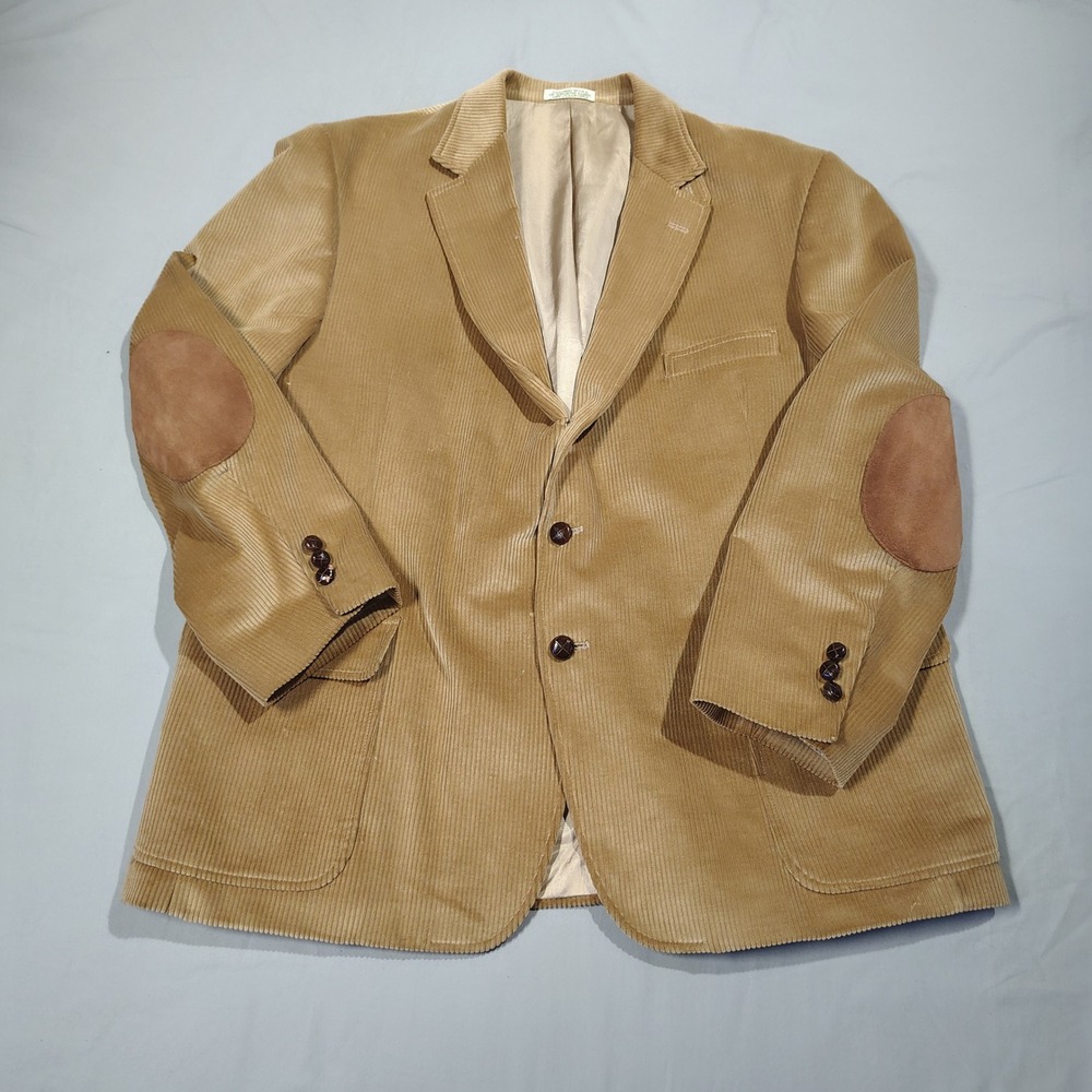 VINTAGE Orvis Blazer Mens 50R Tan Corduroy Cotton Suede Elbow Patch Sport Coat